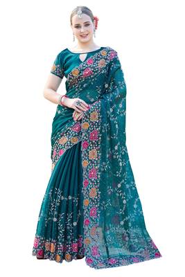 Morpeach designer resham cross stich embroidery work silk saree 3