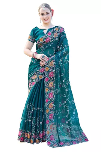 Morpeach designer resham cross stich embroidery work silk saree