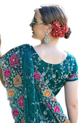 Morpeach designer resham cross stich embroidery work silk saree 4