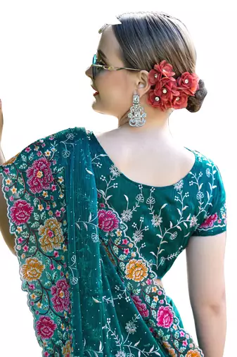 Morpeach designer resham cross stich embroidery work silk saree