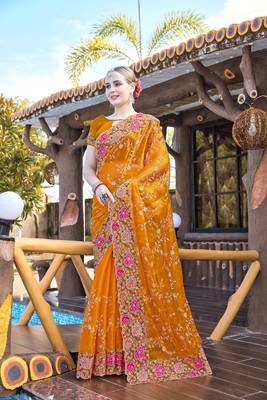 Mustard designer resham cross stich embroidery work silk saree 1