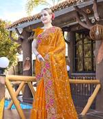 Mustard designer resham cross stich embroidery work silk saree