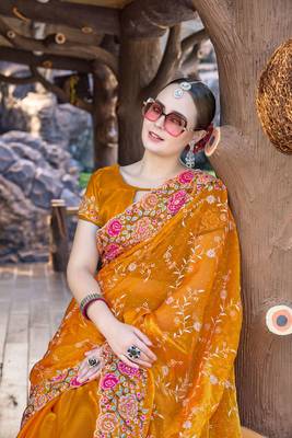 Mustard designer resham cross stich embroidery work silk saree 2