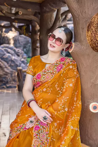 Mustard designer resham cross stich embroidery work silk saree