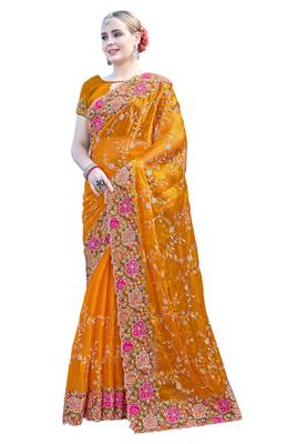 Mustard designer resham cross stich embroidery work silk saree 3