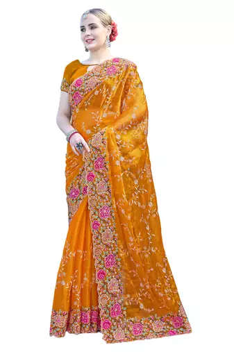 Mustard designer resham cross stich embroidery work silk saree
