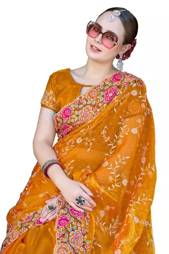 Mustard designer resham cross stich embroidery work silk saree