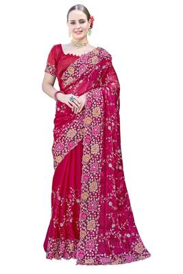 Cherry designer resham cross stich embroidery work silk saree 2