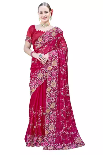 Cherry designer resham cross stich embroidery work silk saree