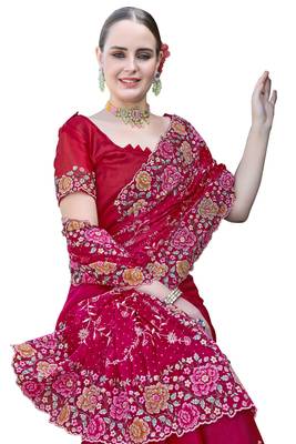 Cherry designer resham cross stich embroidery work silk saree 3