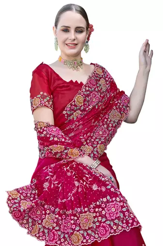 Cherry designer resham cross stich embroidery work silk saree