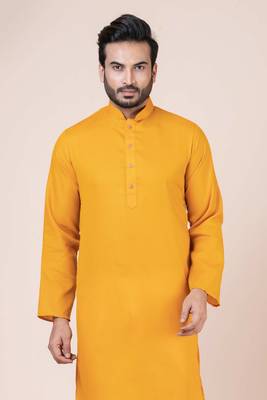 Nawaz kurta cotton yellow full sleeve pefect for haldi season kurta pajama set for men 1