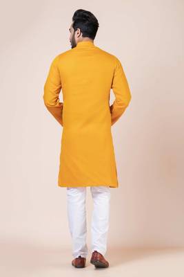 Nawaz kurta cotton yellow full sleeve pefect for haldi season kurta pajama set for men 2