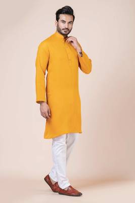 Nawaz kurta cotton yellow full sleeve pefect for haldi season kurta pajama set for men 3