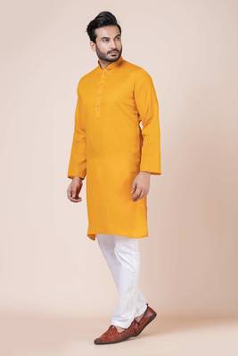 Nawaz kurta cotton yellow full sleeve pefect for haldi season kurta pajama set for men 4