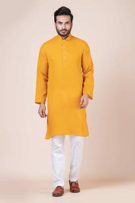 Nawaz kurta cotton yellow full sleeve pefect for haldi season kurta pajama set for men 5