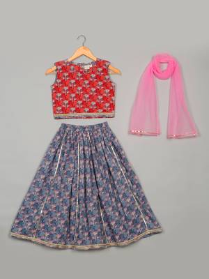 Saka Designs Girls Floral Printed Lehenga Choli With Dupatta - Grey & Pink 1