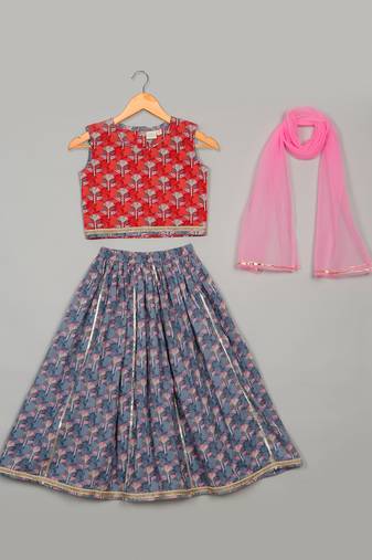 Saka Designs Girls Floral Printed Lehenga Choli With Dupatta - Grey & Pink