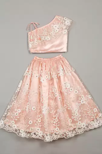 Saka Designs Ethnic Girls Embroidered Mirror Work Peach Lehenga Choli