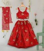 Saka Designs Ethnic Girls Embroidered Mirror Red Lehenga Choli with Dupatta