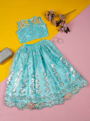 Saka designs ethnic girls embroidered mirror work blue lehenga choli 1