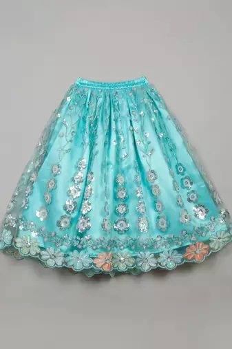 Saka designs ethnic girls embroidered mirror work blue lehenga choli