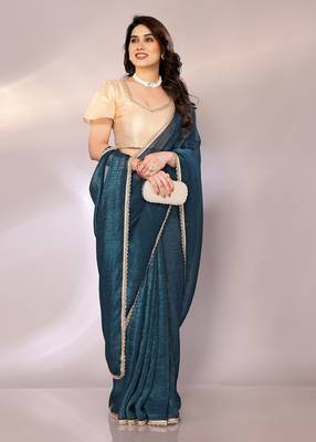 Teal blue color crunchy chiffon saree with blouse piece 1