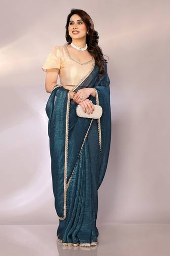 Teal blue color crunchy chiffon saree with blouse piece