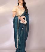 Teal blue color crunchy chiffon saree with blouse piece