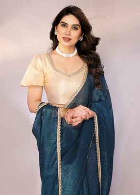 Teal blue color crunchy chiffon saree with blouse piece 2