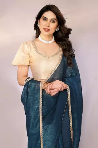 Teal blue color crunchy chiffon saree with blouse piece