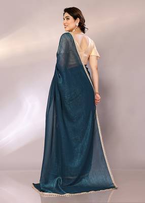 Teal blue color crunchy chiffon saree with blouse piece 4