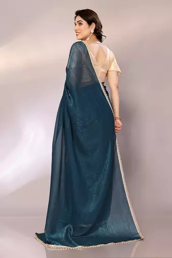Teal blue color crunchy chiffon saree with blouse piece