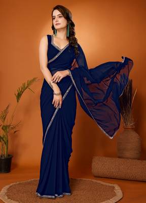 Navy blue color pure georgette saree with blouse piece 1