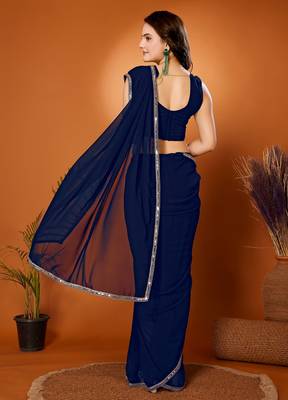 Navy blue color pure georgette saree with blouse piece 2