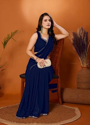Navy blue color pure georgette saree with blouse piece 3