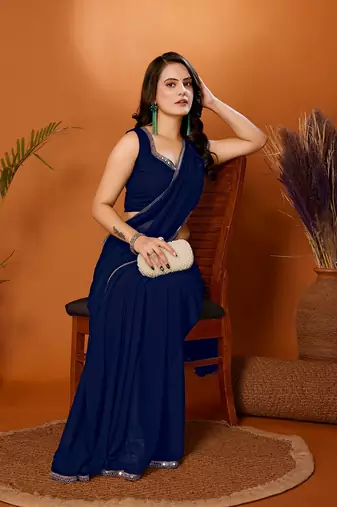Navy blue color pure georgette saree with blouse piece