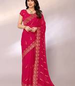 Dyed, embroidered, embellished bollywood silk blend saree with blouse piece
