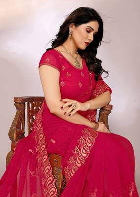 Dyed, embroidered, embellished bollywood silk blend saree with blouse piece 3