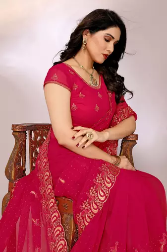 Dyed, embroidered, embellished bollywood silk blend saree with blouse piece