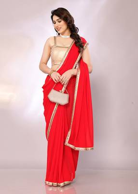 Ferari red color pure georgette saree with blouse piece 1