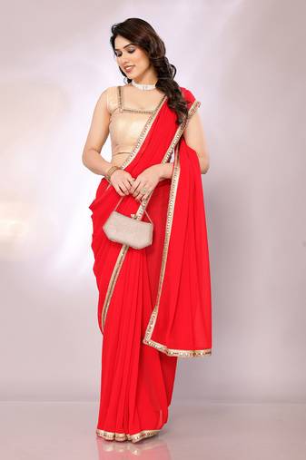 Ferari red color pure georgette saree with blouse piece