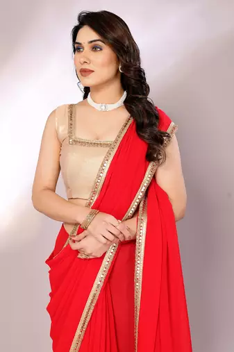 Ferari red color pure georgette saree with blouse piece