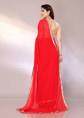 Ferari red color pure georgette saree with blouse piece 4