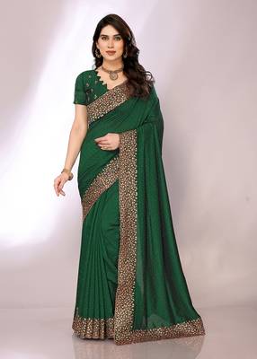 Bottle greeen color vichitra silk saree with blouse piece 1