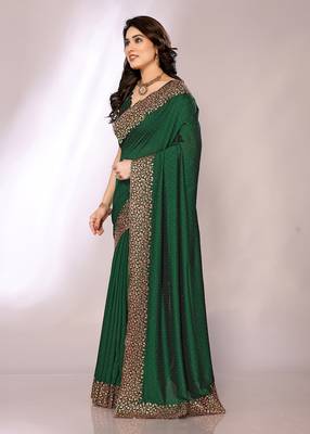Bottle greeen color vichitra silk saree with blouse piece 2