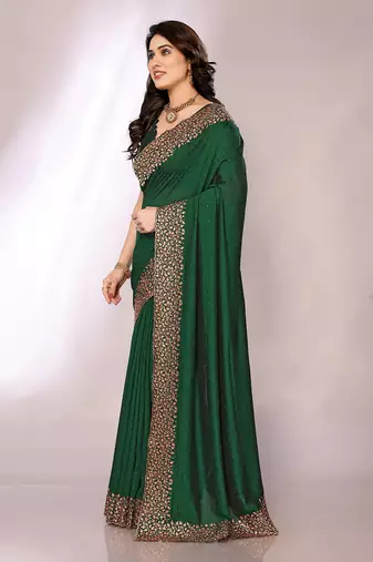 Bottle greeen color vichitra silk saree with blouse piece