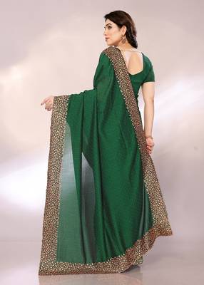 Bottle greeen color vichitra silk saree with blouse piece 3