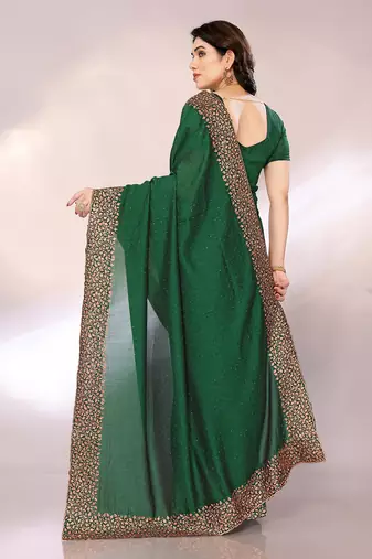 Bottle greeen color vichitra silk saree with blouse piece