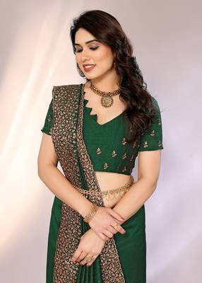 Bottle greeen color vichitra silk saree with blouse piece 4
